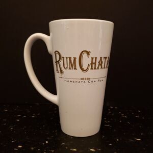 Rum Chata Horchata Con Ron Ceramic Coffee Mug Cup 6" Tall White Gold logo 14oz